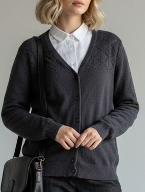 LOFT Charcoal Openwork Yoke Cardigan Sweater
